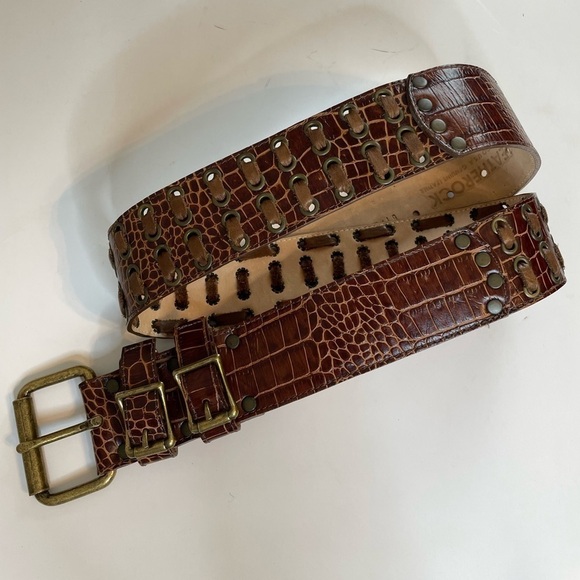 Leatherock Genuine Leather Brown Textured Lacing Whipstitch Double Buckle Belt - Picture 2 of 10